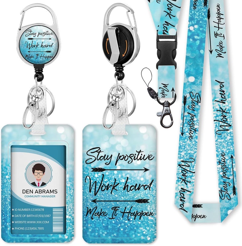 Piefly Lanyards for Id Badges, Positive Badge Holder with Retractable Reel Clip, Inspirational Quote Card Name Tag Lanyard Vertical ID Card Protector Case for Women Nurse Doctor Teacher Student Blue - Image 1